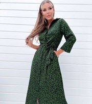 AX Paris Green Leopard Print Belted Midi Shirt Dress